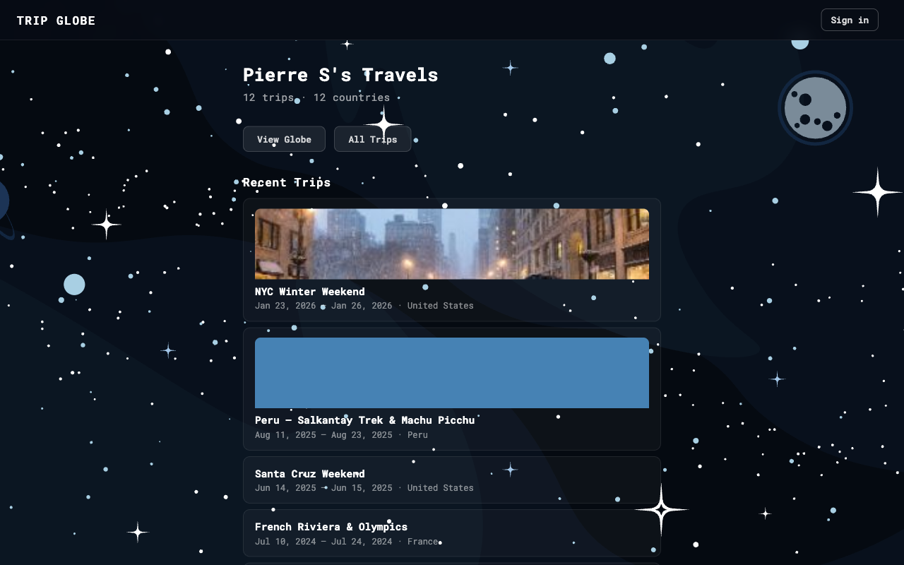A public profile with trip stats, recent trips, and photos