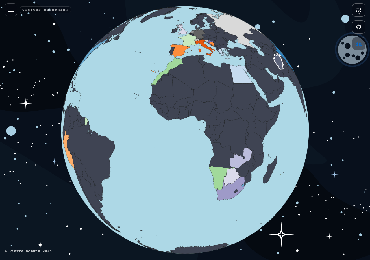 The v1: a 3D globe showing visited countries